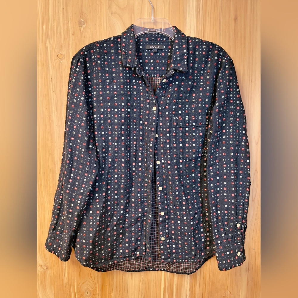 Madewell Black Floral Button Down Top, Size Large